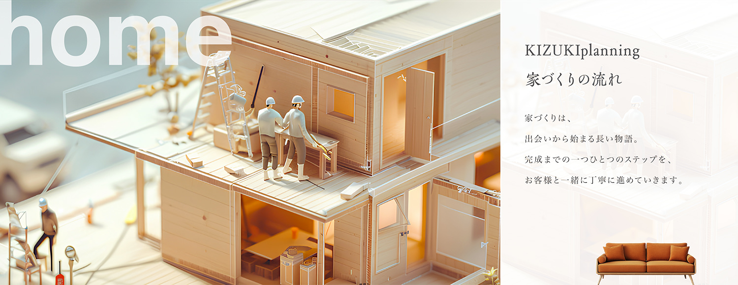 KIZUKIplanning 家づくりの流れ「家づくりは、出会いから始まる長い物語。完成までの一つひとつのステップを、お客様と一緒に丁寧に進めていきます。」